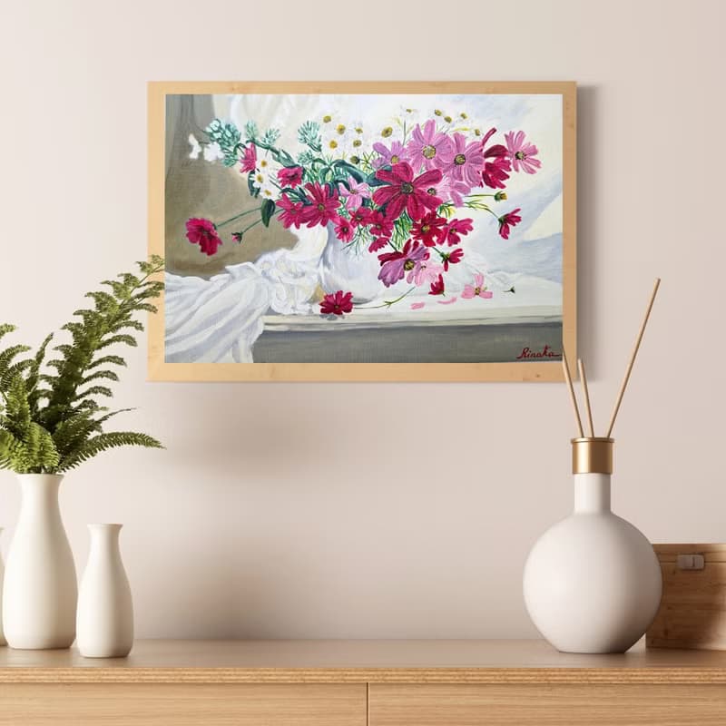 瓶中插著粉紅色大波斯菊的花束 花卉靜物 RinaArtSK 原創藝術作