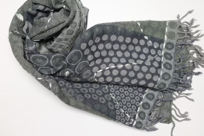 【聖誕禮物】喀什米爾水煮羊毛手工刺繡圍巾披肩軍綠深藍波點點