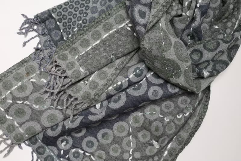 【聖誕禮物】喀什米爾水煮羊毛手工刺繡圍巾披肩軍綠深藍波點點