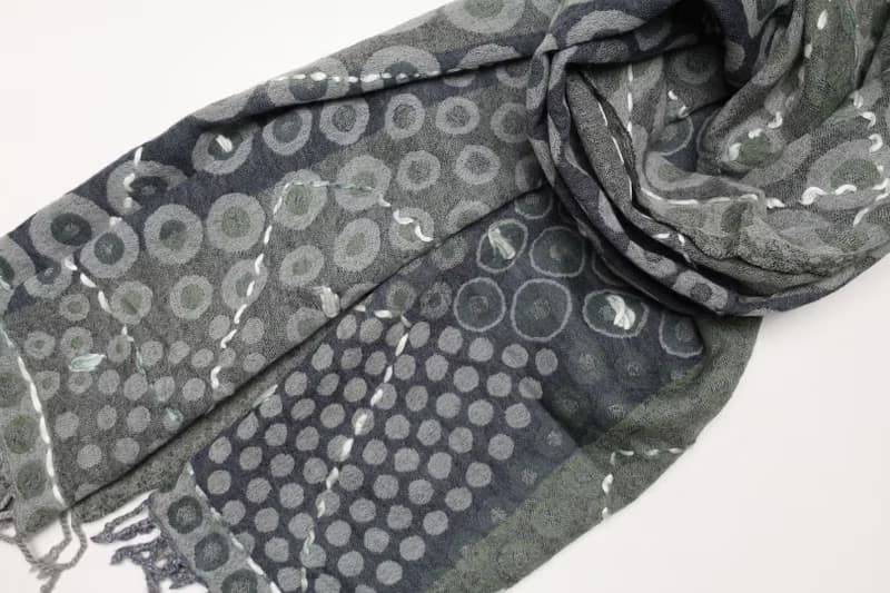 【聖誕禮物】喀什米爾水煮羊毛手工刺繡圍巾披肩軍綠深藍波點點