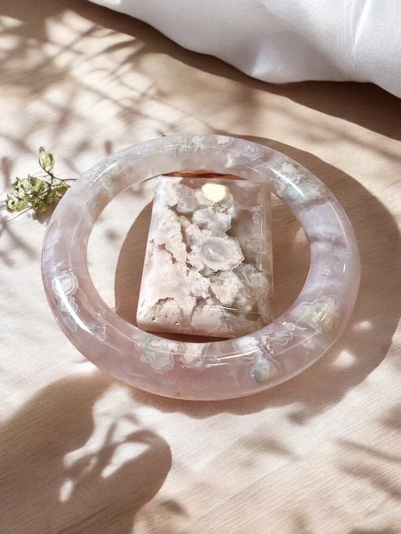 櫻花瑪瑙手鐲 瑪瑙手鐲 粉紫冰底粉色小碎花莫奈花園圓條套鐲54-5