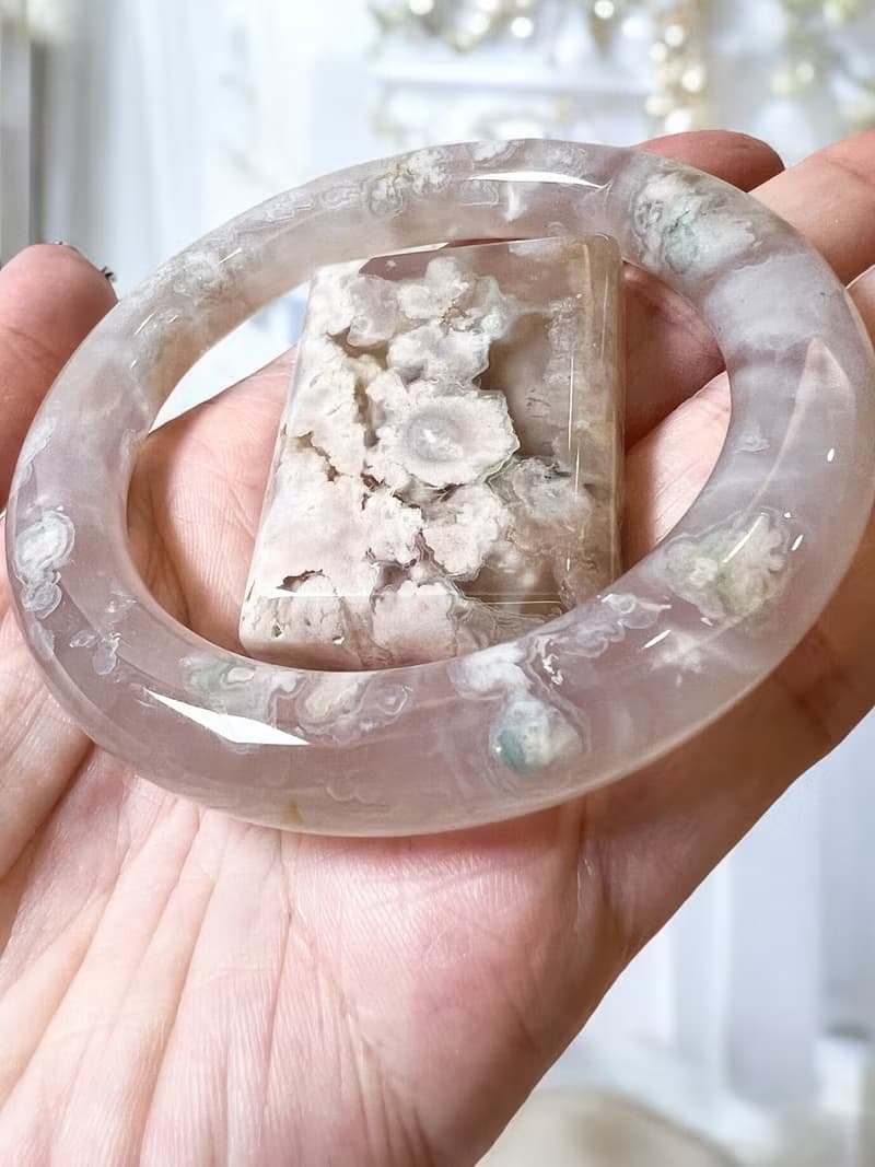 櫻花瑪瑙手鐲 瑪瑙手鐲 粉紫冰底粉色小碎花莫奈花園圓條套鐲54-5
