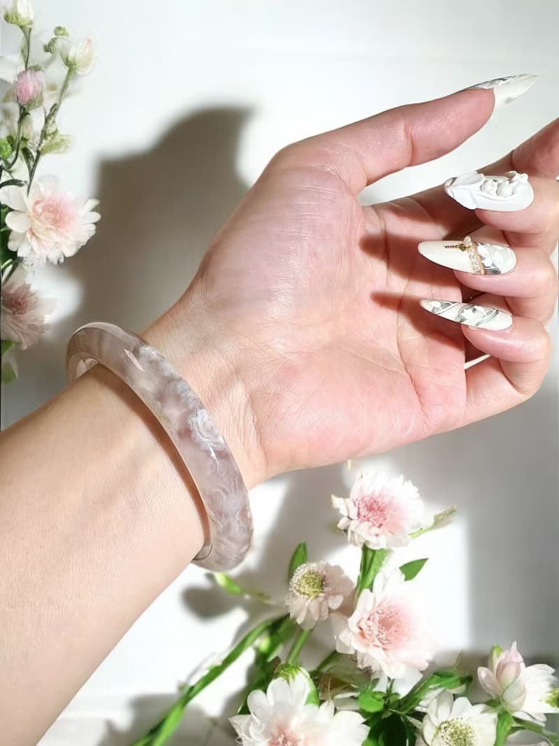 櫻花瑪瑙手鐲 瑪瑙手鐲 粉紫冰底粉色小碎花莫奈花園圓條套鐲54-5