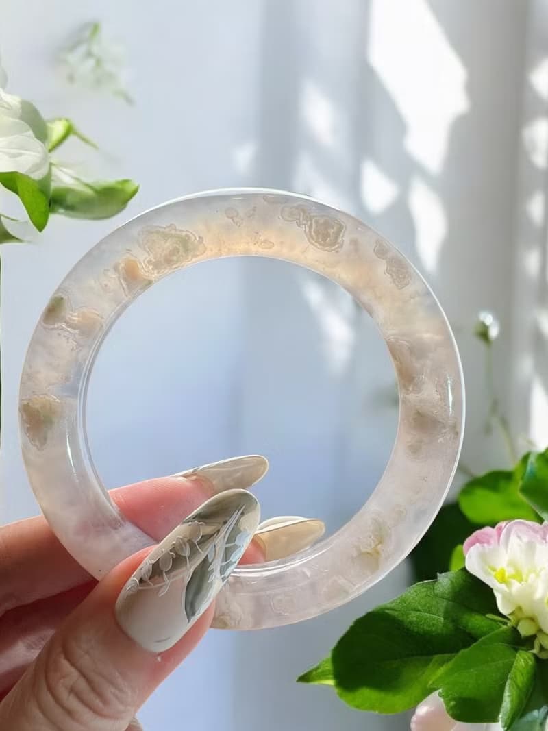 櫻花瑪瑙手鐲 瑪瑙手鐲 粉紫冰底粉色小碎花莫奈花園圓條套鐲54-5