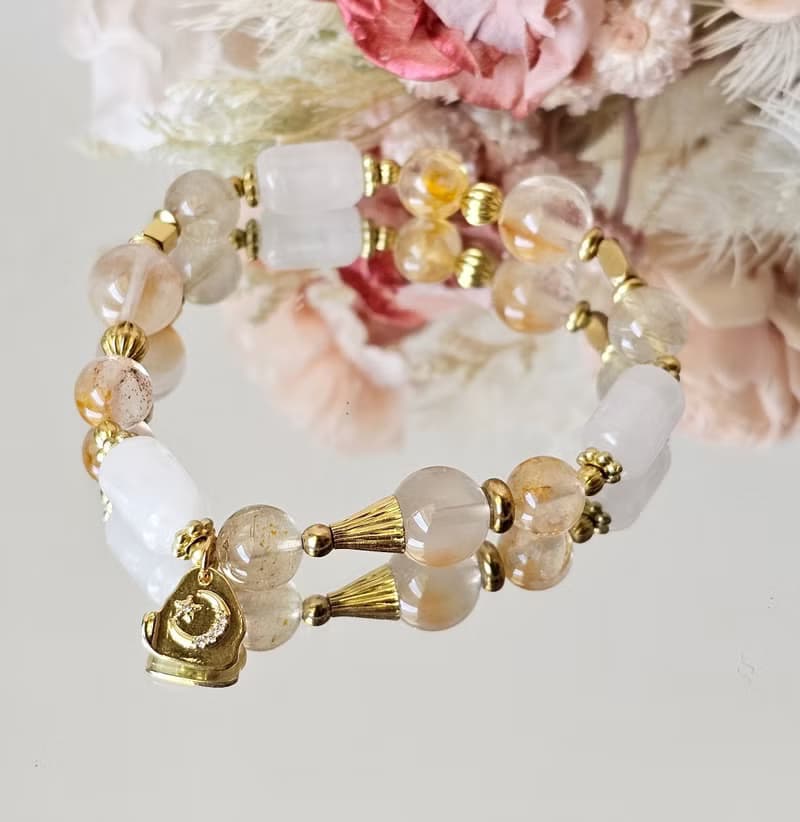 曦羽-黃銅配件款/黃兔毛/黃膠花水晶/白幽靈/鈦晶/招財水晶手鍊