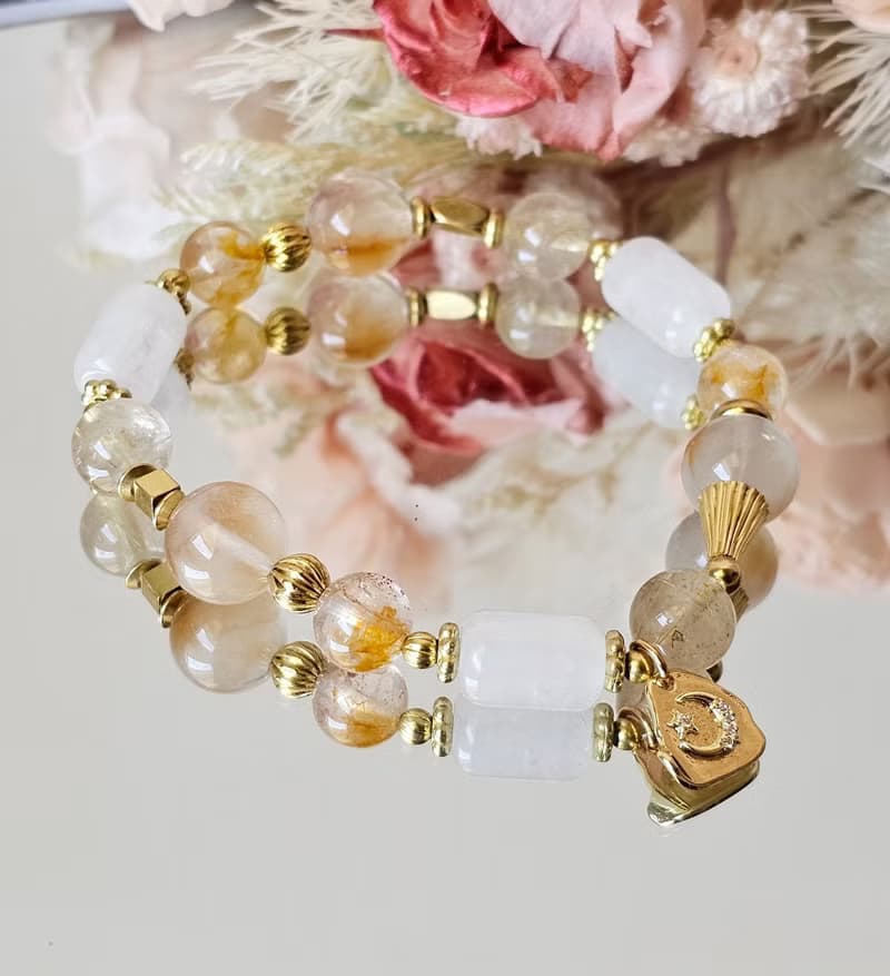 曦羽-黃銅配件款/黃兔毛/黃膠花水晶/白幽靈/鈦晶/招財水晶手鍊