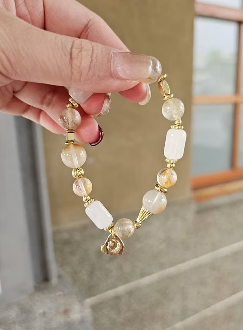 曦羽-黃銅配件款/黃兔毛/黃膠花水晶/白幽靈/鈦晶/招財水晶手鍊