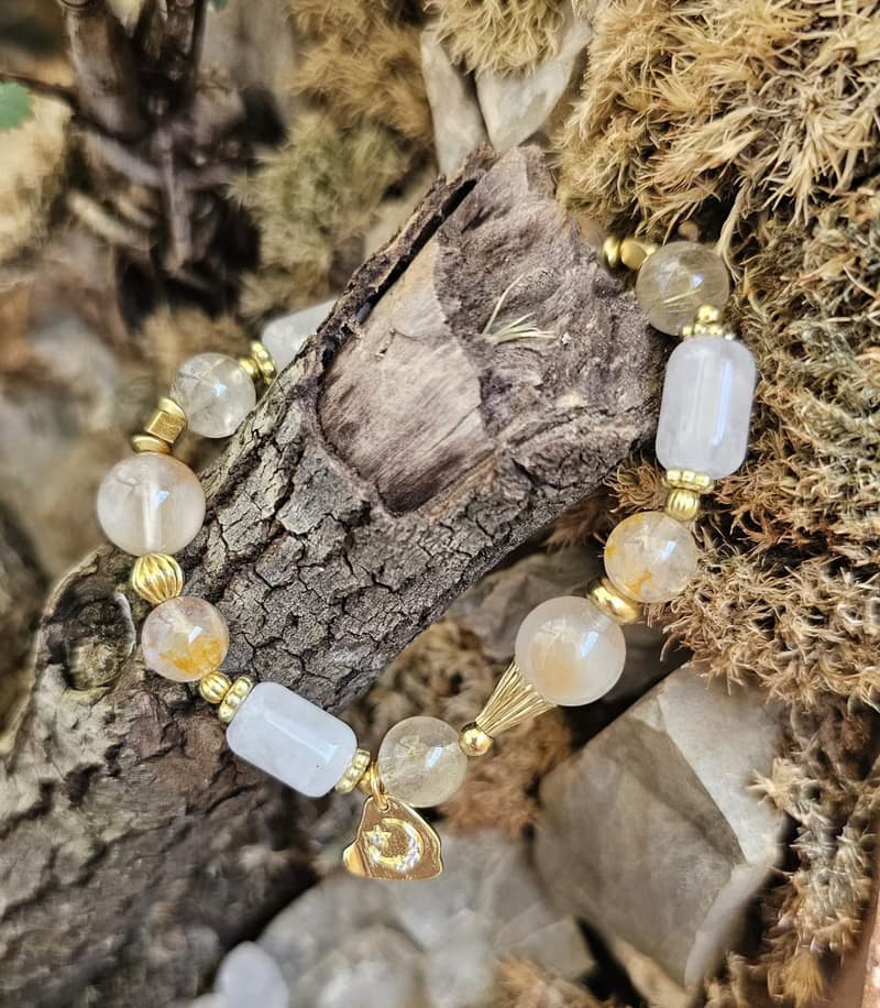曦羽-黃銅配件款/黃兔毛/黃膠花水晶/白幽靈/鈦晶/招財水晶手鍊