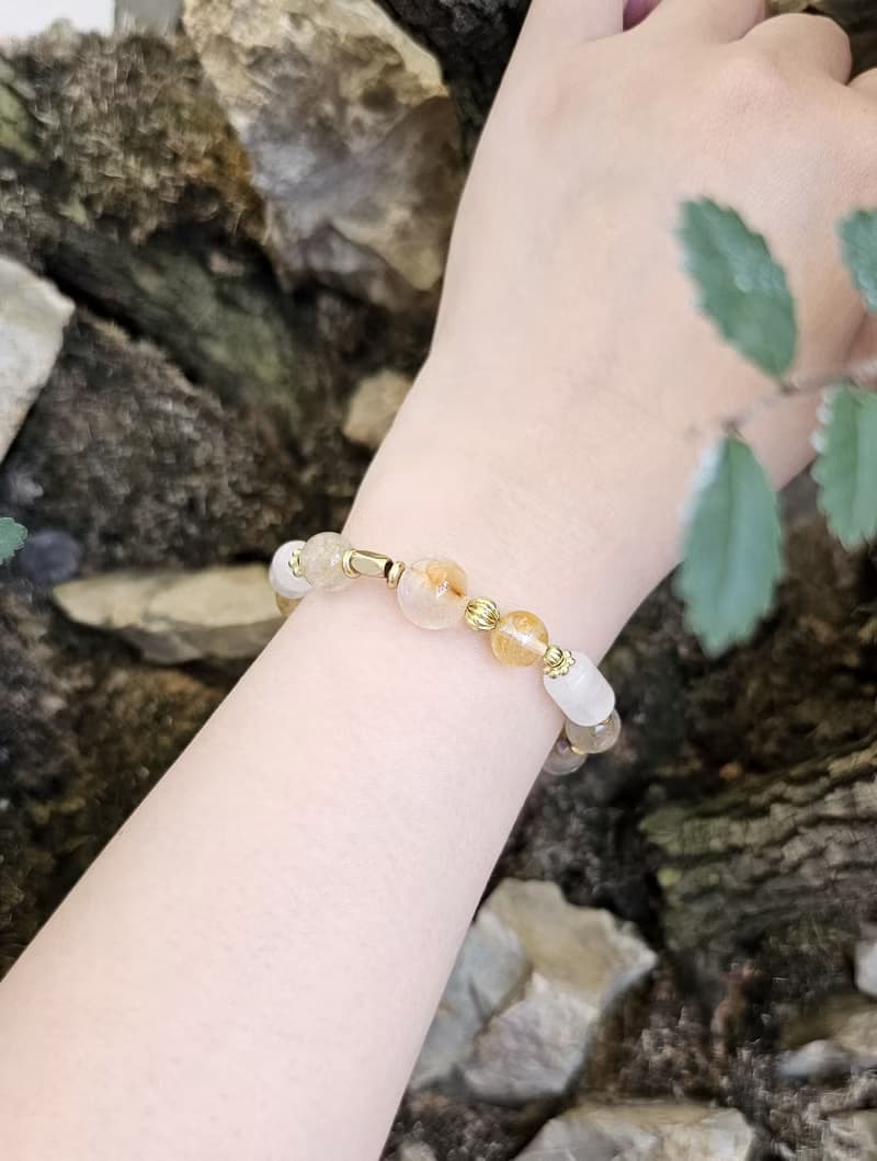 曦羽-黃銅配件款/黃兔毛/黃膠花水晶/白幽靈/鈦晶/招財水晶手鍊