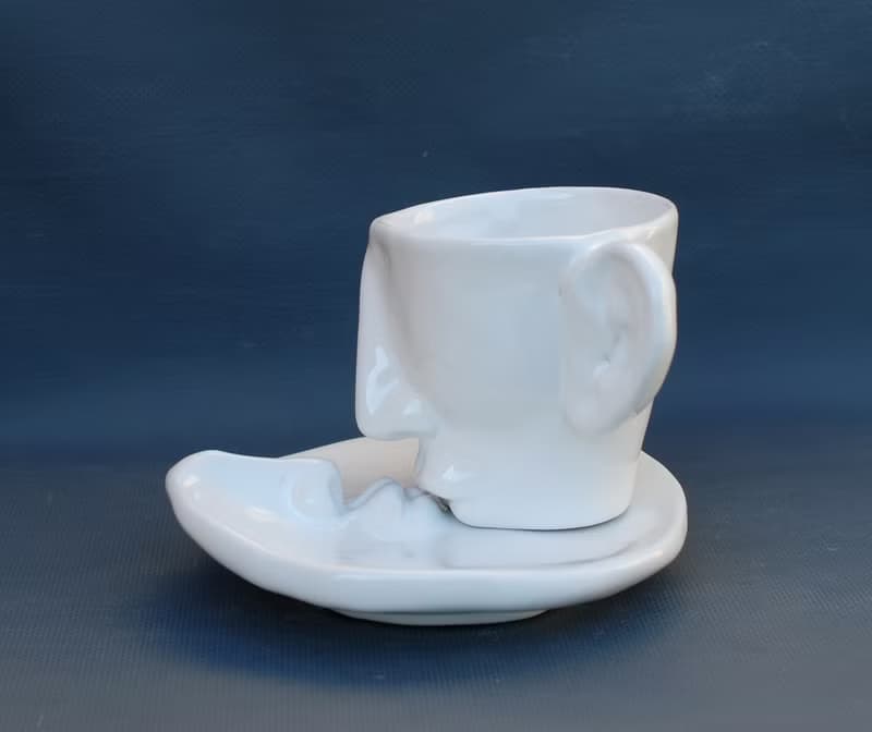 White Tea cup Saucer Set Kiss Ceramics Art object Surrealism Face mug