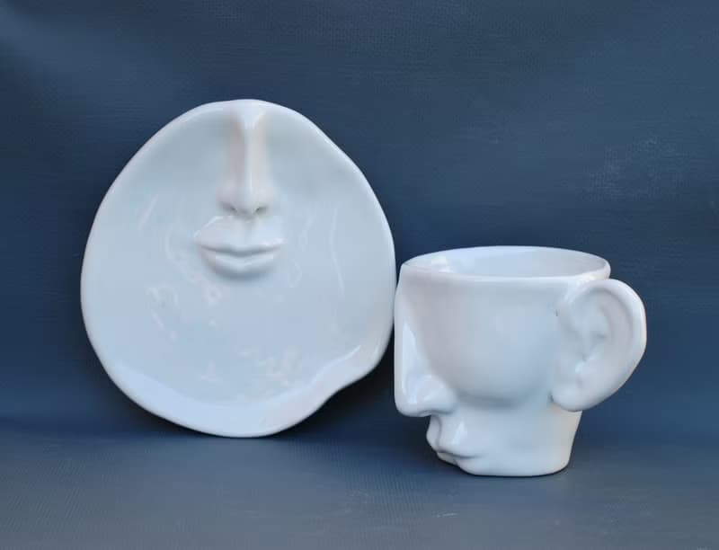 White Tea cup Saucer Set Kiss Ceramics Art object Surrealism Face mug