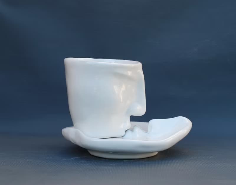 White Tea cup Saucer Set Kiss Ceramics Art object Surrealism Face mug