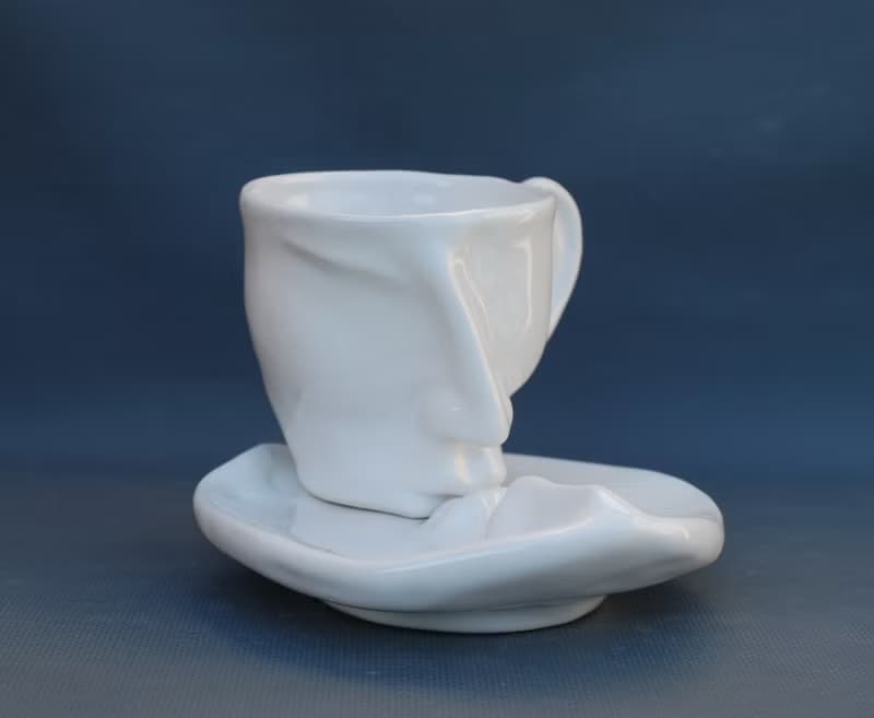 White Tea cup Saucer Set Kiss Ceramics Art object Surrealism Face mug