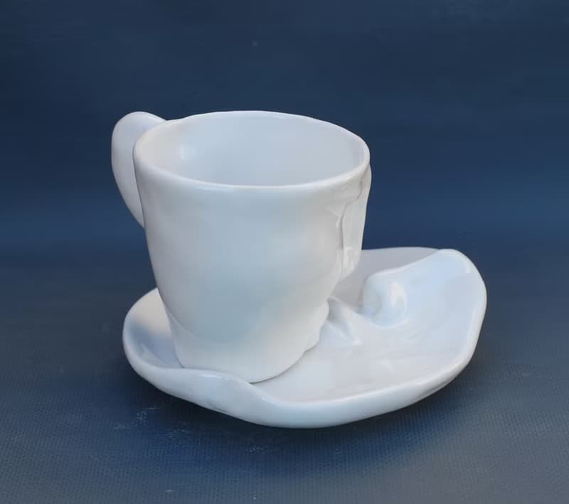 White Tea cup Saucer Set Kiss Ceramics Art object Surrealism Face mug