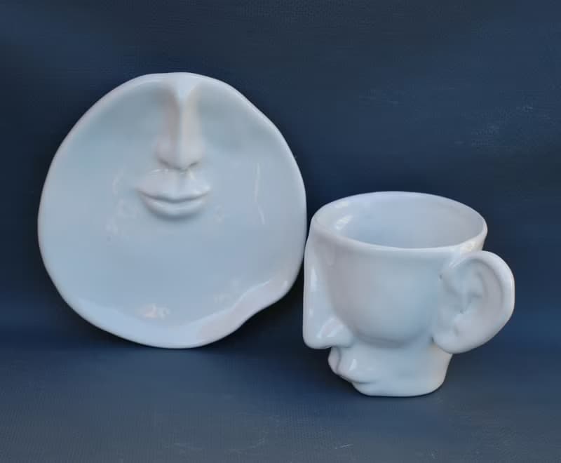 White Tea cup Saucer Set Kiss Ceramics Art object Surrealism Face mug