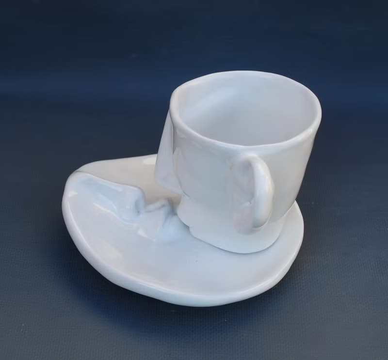White Tea cup Saucer Set Kiss Ceramics Art object Surrealism Face mug