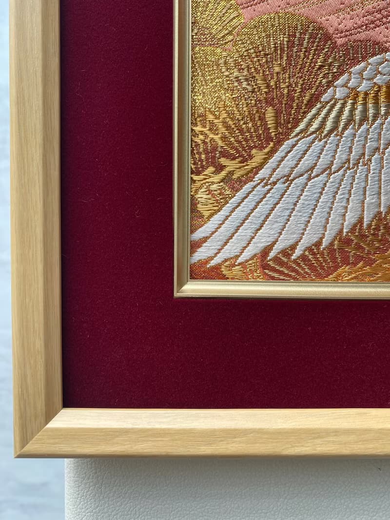 きものからつくるアートパネル　035　縁起物　壁掛け　絵画　1点もの　金糸　鶴