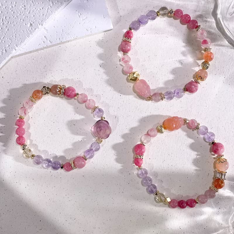 花間的庇護  螢石玫瑰 | 薔薇輝石 | 太陽石 | 水晶手鍊 A01-3