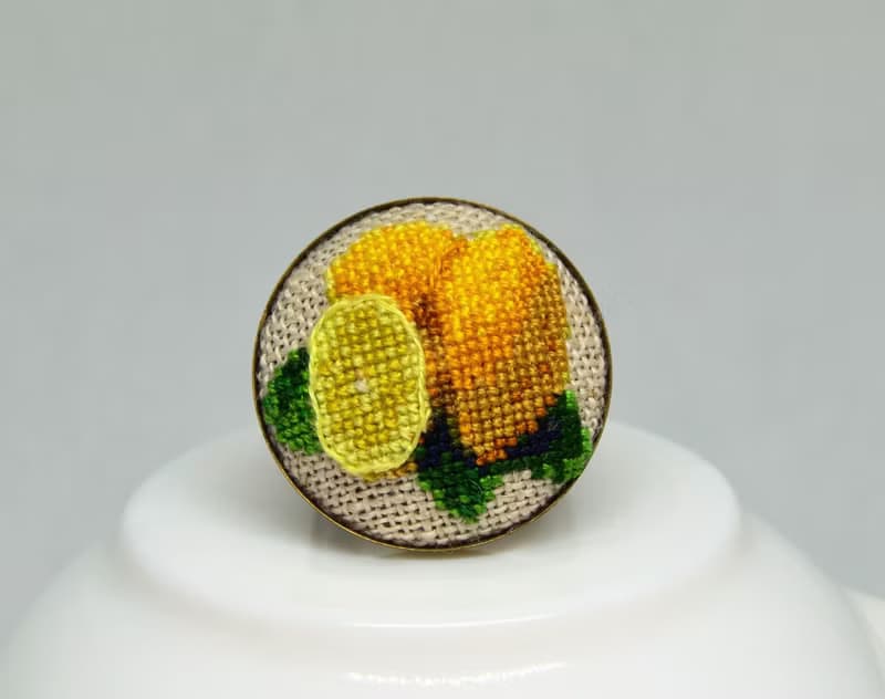 帶檸檬的刺繡戒指 送給花園愛好者的最佳禮物圓形黃色十字繡戒指