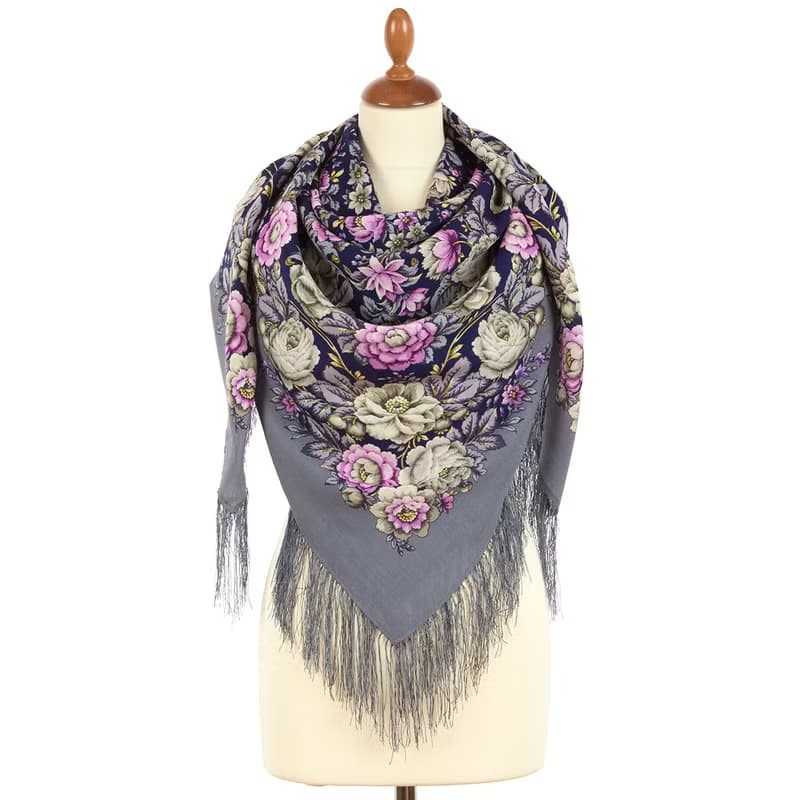 Pavlovo Posad Russian Shawl 100% Wool Scarf 125x125 cm Wrap Silk Fringe 1944-1