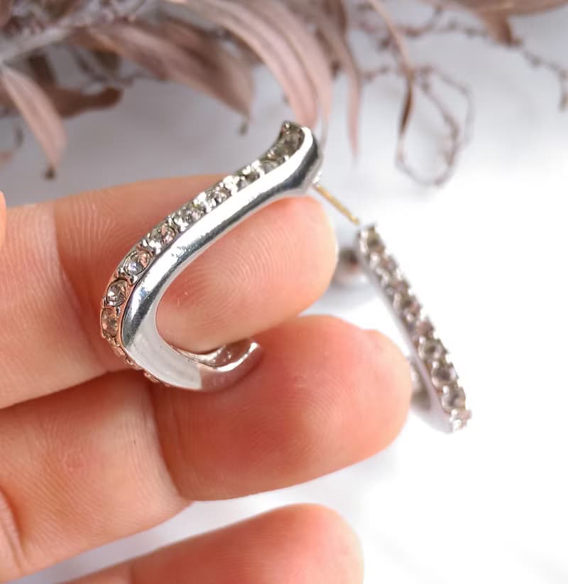 Vintage Jewelry 西洋古董飾品 細緻 銀色調 排鑽 L圈 針式耳環