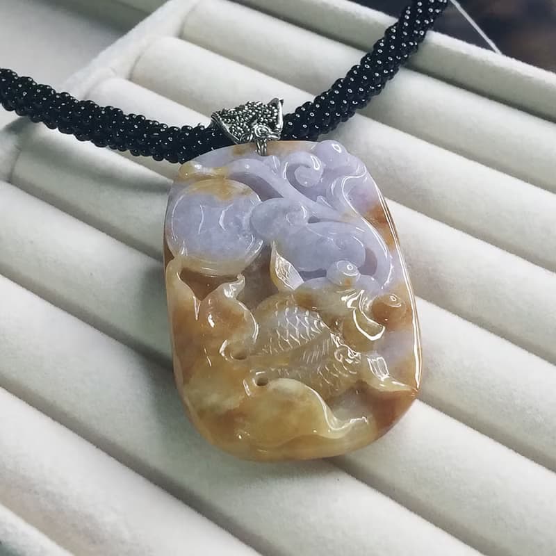 紫羅蘭飄黃翡翡翠巧雕荷包有魚項鍊 | 天然緬甸玉A貨翡翠 | 送禮