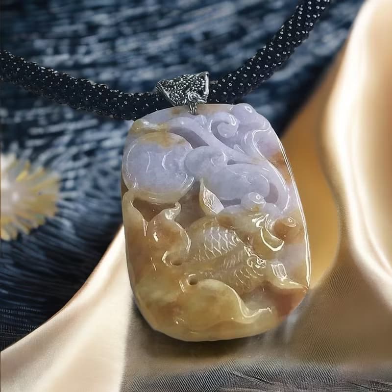 紫羅蘭飄黃翡翡翠巧雕荷包有魚項鍊 | 天然緬甸玉A貨翡翠 | 送禮