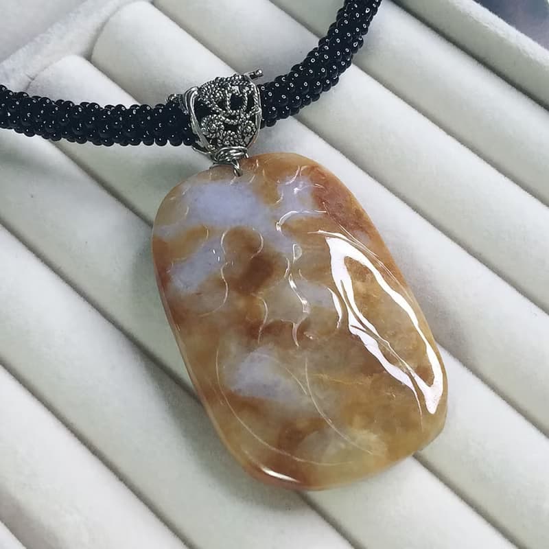紫羅蘭飄黃翡翡翠巧雕荷包有魚項鍊 | 天然緬甸玉A貨翡翠 | 送禮