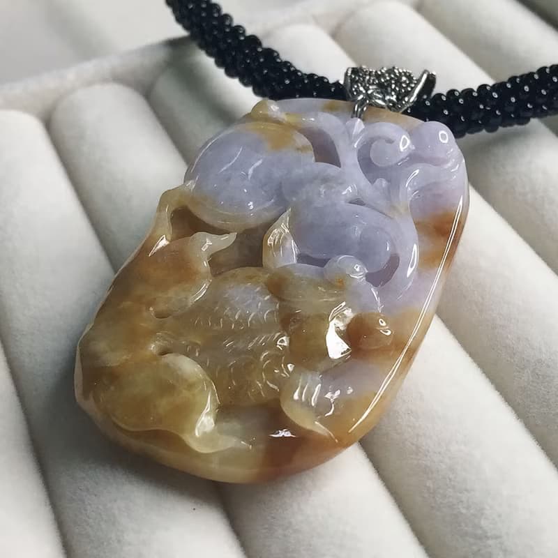 紫羅蘭飄黃翡翡翠巧雕荷包有魚項鍊 | 天然緬甸玉A貨翡翠 | 送禮