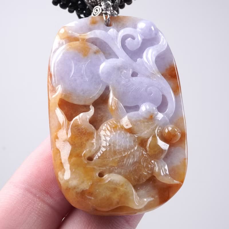 紫羅蘭飄黃翡翡翠巧雕荷包有魚項鍊 | 天然緬甸玉A貨翡翠 | 送禮
