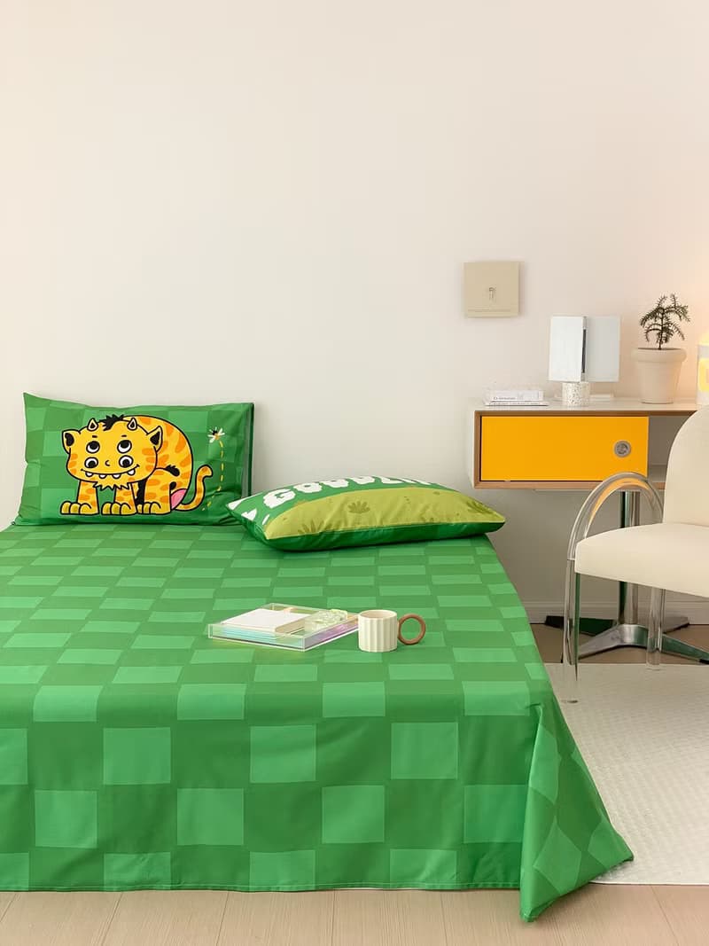 涂鴉系列綠色棋盤格床單款100%棉寢具四件套宿舍男生可用