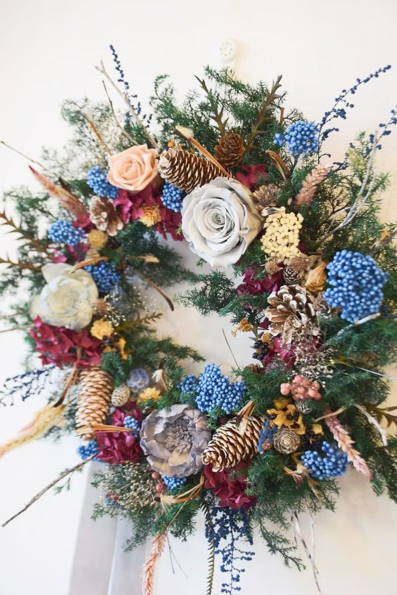 永生雪松玫瑰果實聖誕花圈