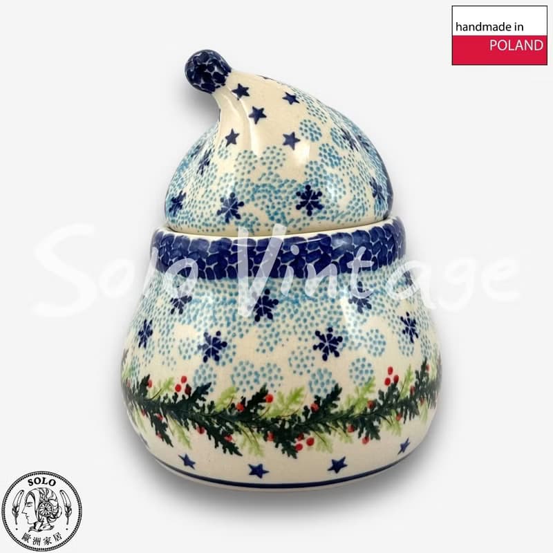 波蘭手繪手工陶-雪人收納罐 (小) 15cm 藍色聖誕系列 入門款