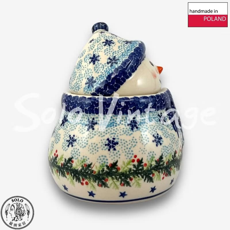 波蘭手繪手工陶-雪人收納罐 (小) 15cm 藍色聖誕系列 入門款