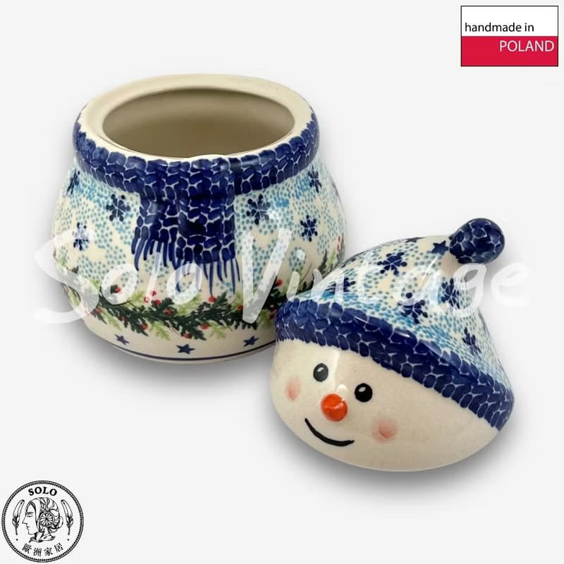 波蘭手繪手工陶-雪人收納罐 (小) 15cm 藍色聖誕系列 入門款
