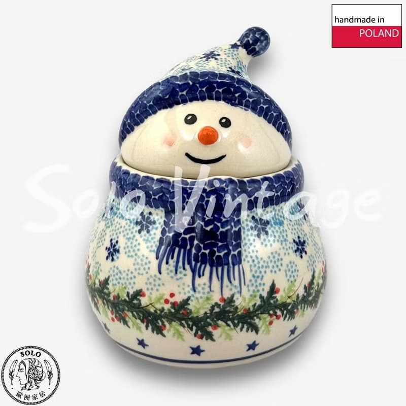 波蘭手繪手工陶-雪人收納罐 (小) 15cm 藍色聖誕系列 入門款