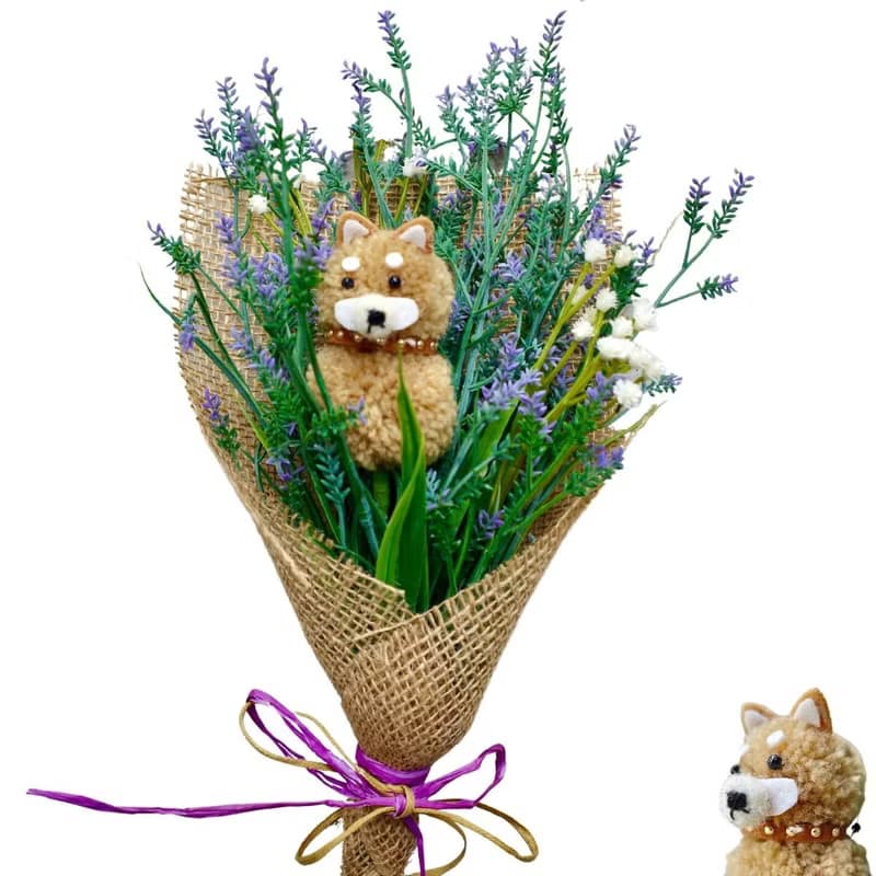 柴犬とラベンダーのミニ花束 造花花束 壁飾り ぬいぐるみ 犬 いぬ しば犬 ペットのお供え