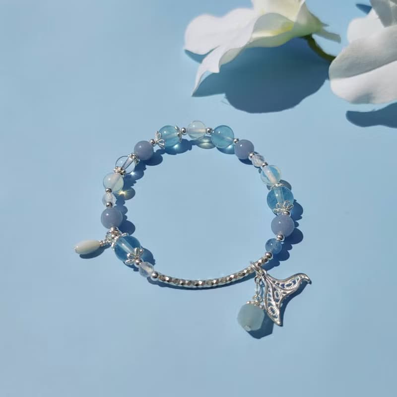 島嶼獨白。海水藍寶 蛋白石 天使石 S925純銀 水晶礦石設計手鍊