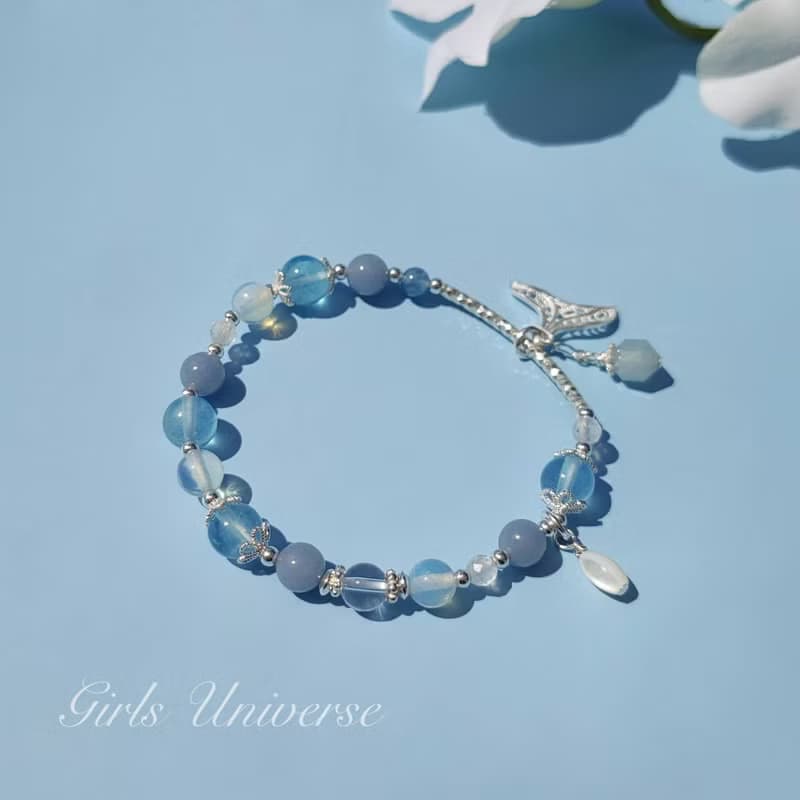 島嶼獨白。海水藍寶 蛋白石 天使石 S925純銀 水晶礦石設計手鍊