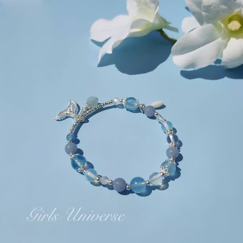 島嶼獨白。海水藍寶 蛋白石 天使石 S925純銀 水晶礦石設計手鍊