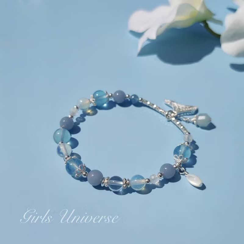 島嶼獨白。海水藍寶 蛋白石 天使石 S925純銀 水晶礦石設計手鍊