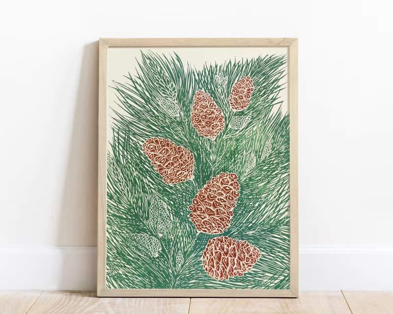 Linocut print Green and brown cones neutral pine tree wall art Original artwork