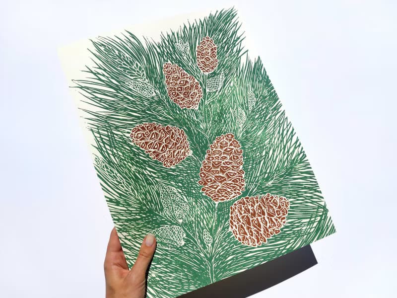 Linocut print Green and brown cones neutral pine tree wall art Original artwork
