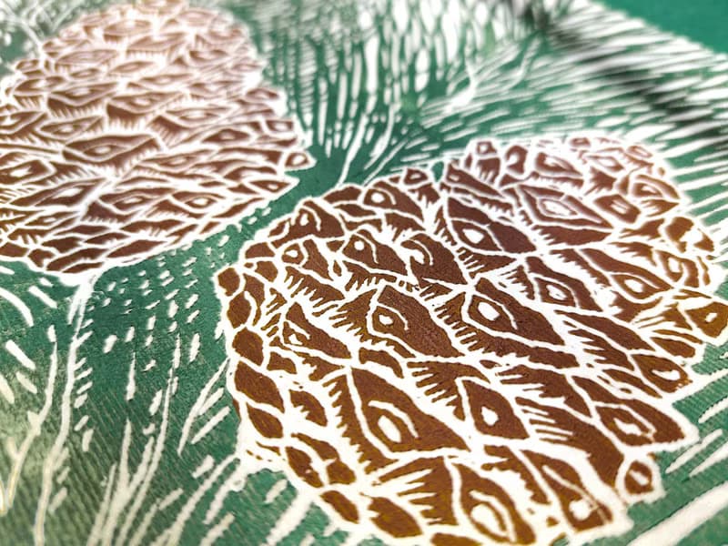 Linocut print Green and brown cones neutral pine tree wall art Original artwork
