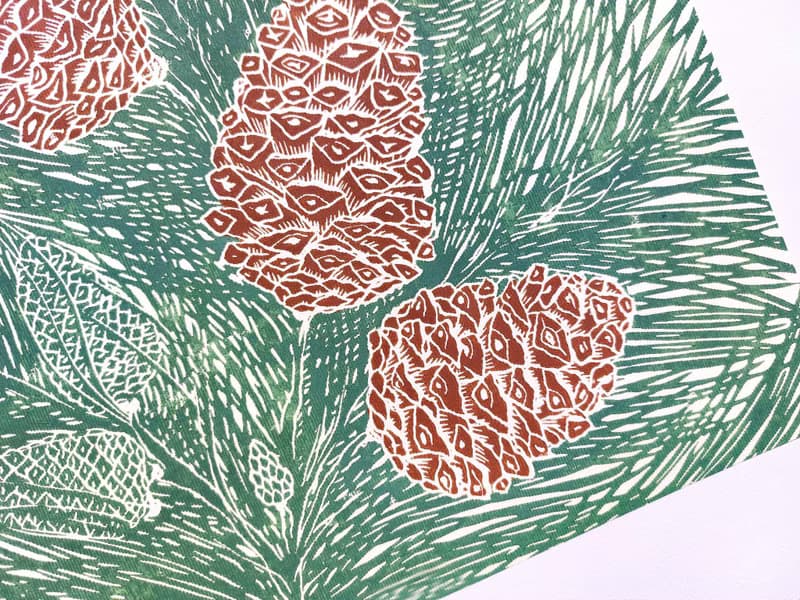 Linocut print Green and brown cones neutral pine tree wall art Original artwork