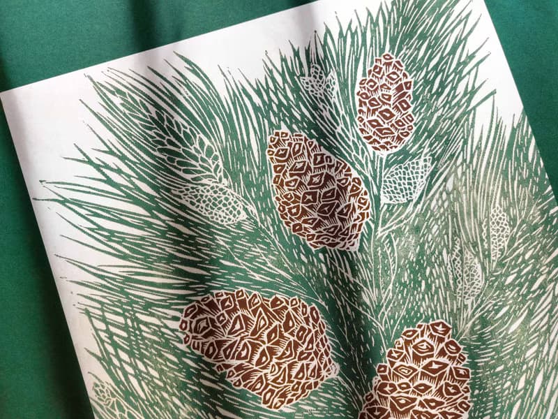 Linocut print Green and brown cones neutral pine tree wall art Original artwork