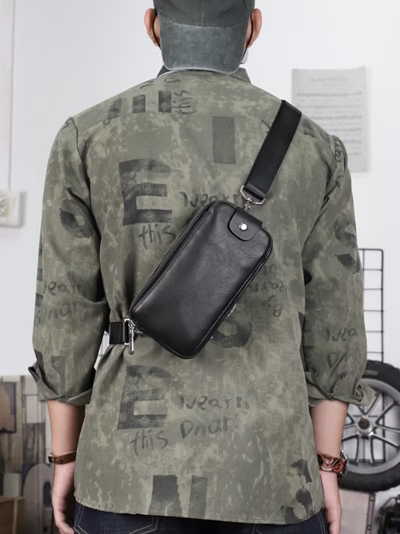 真皮快翻小包 小巧斜肩包 胸前包 隨身腰包 黑色 長款手拿錢包