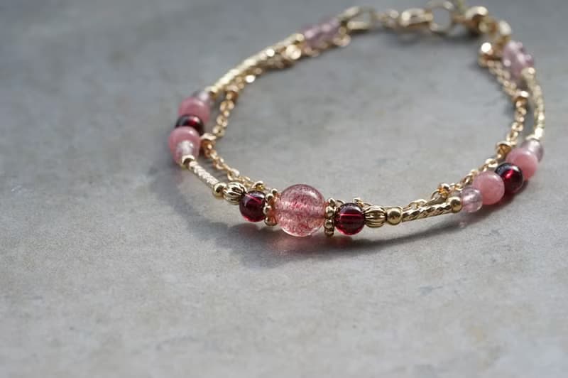 泛紅 - 14K包金 草莓晶 / 紅石榴 / 紅紋石 雙鍊手鍊