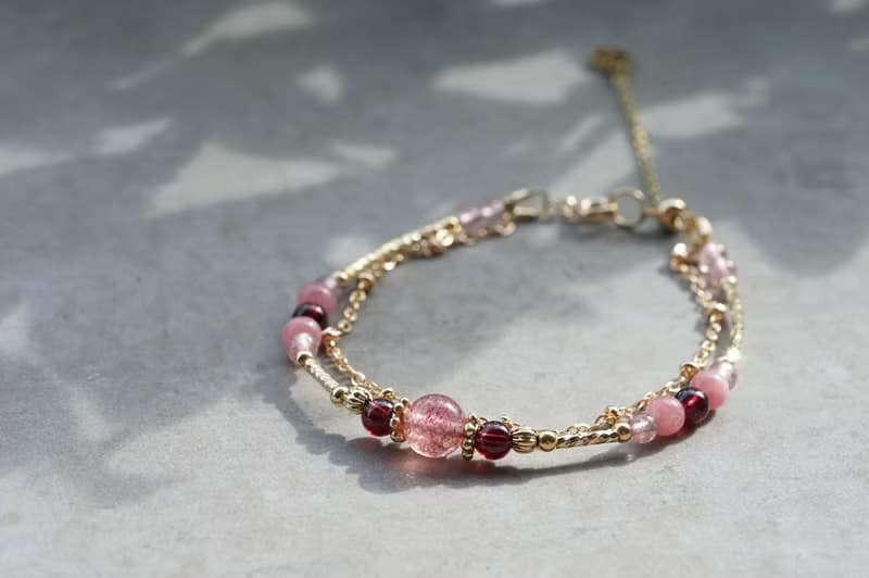 泛紅 - 14K包金 草莓晶 / 紅石榴 / 紅紋石 雙鍊手鍊