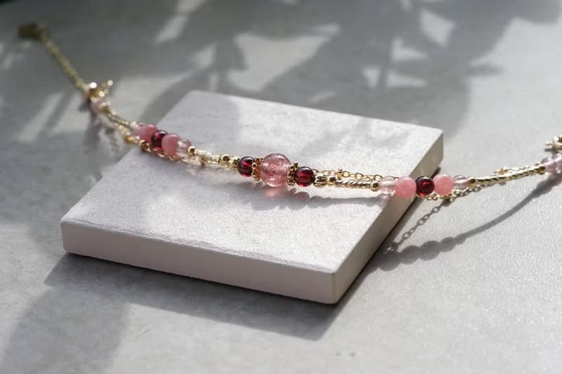 泛紅 - 14K包金 草莓晶 / 紅石榴 / 紅紋石 雙鍊手鍊